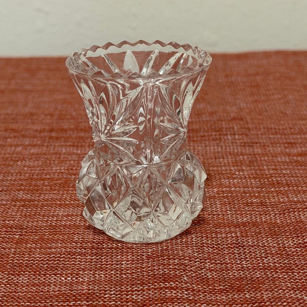 Vintage Cut Glass Thistle Toothpick Holder Sawtooth Rim Starburst Base Mini Vase